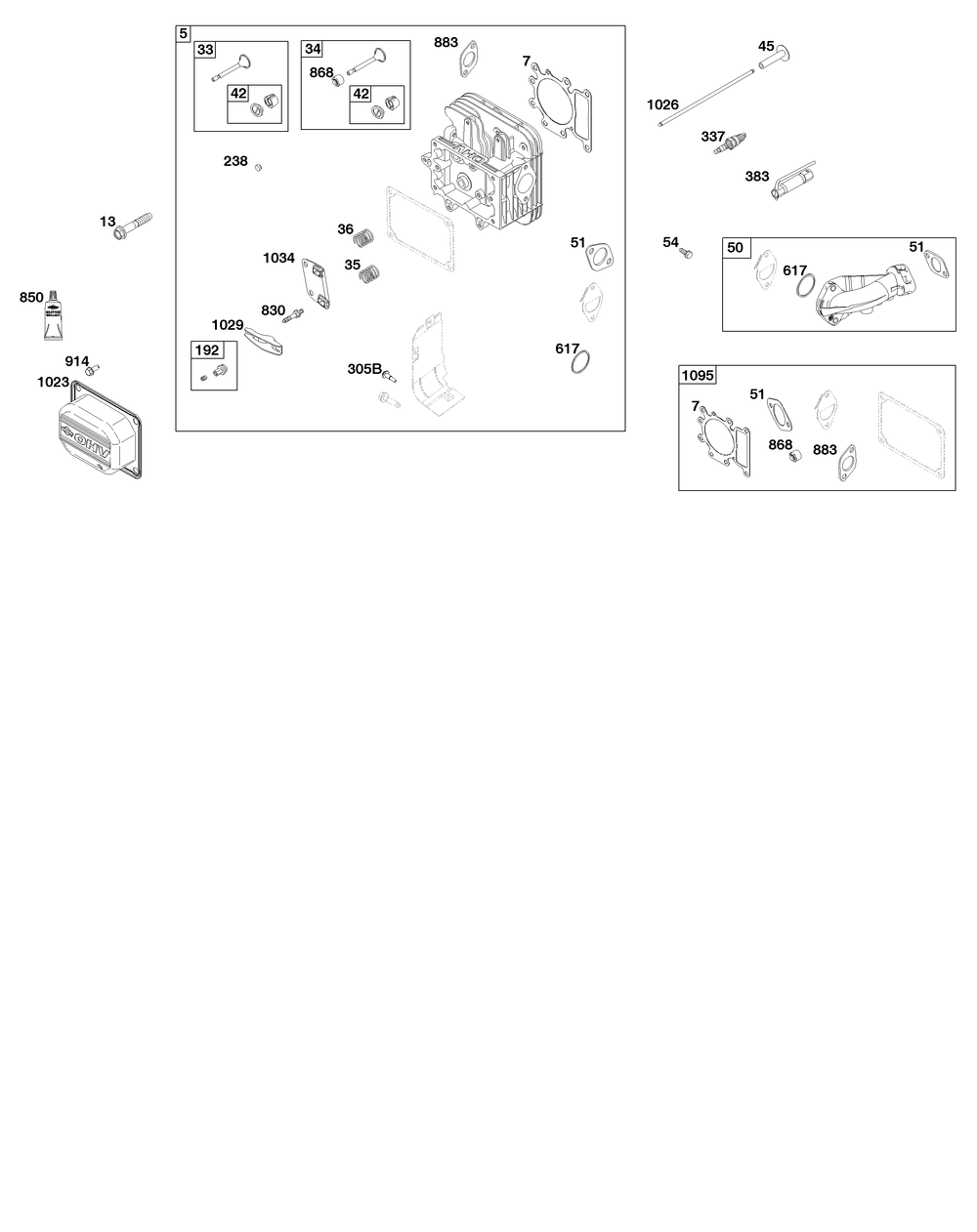 Cylinder Head Group Diagram and Parts List for 31R977-0058-B5 200000 - 399999 Briggs and Stratton Engine